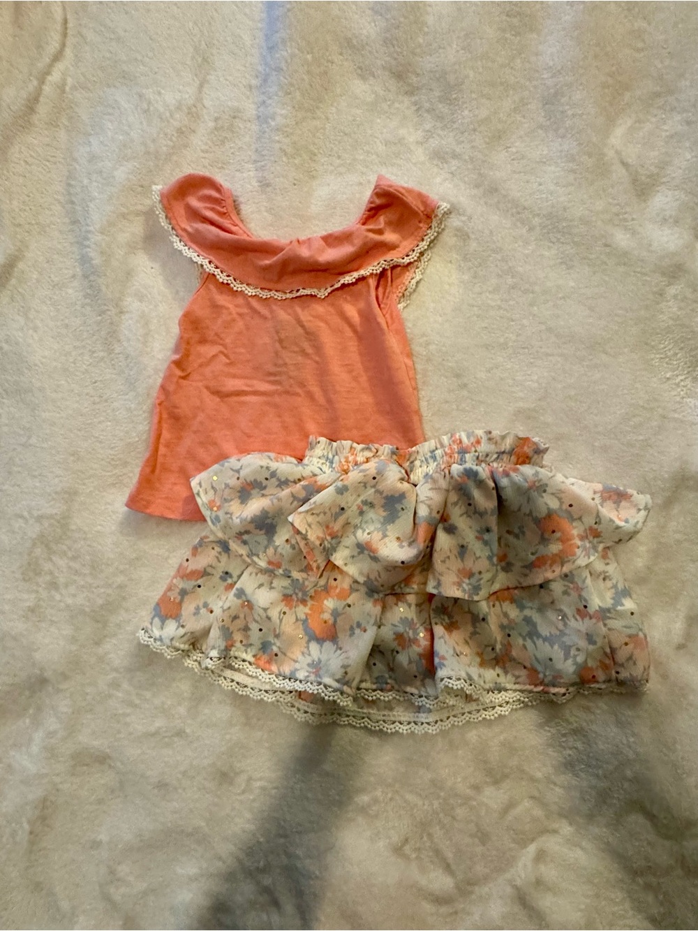 Cynthia Rowley Coral Lace-Trim Top & Floral Ruffle Skirt Set